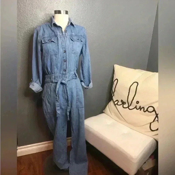 NWOT Anthropologie Pilcro Kora Classic Denim Button Front Belted Jumpsuit Sz XS - Picture 11 of 15